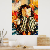 本を読む少女の温かみのある絵画アート ポスター (キッチン)