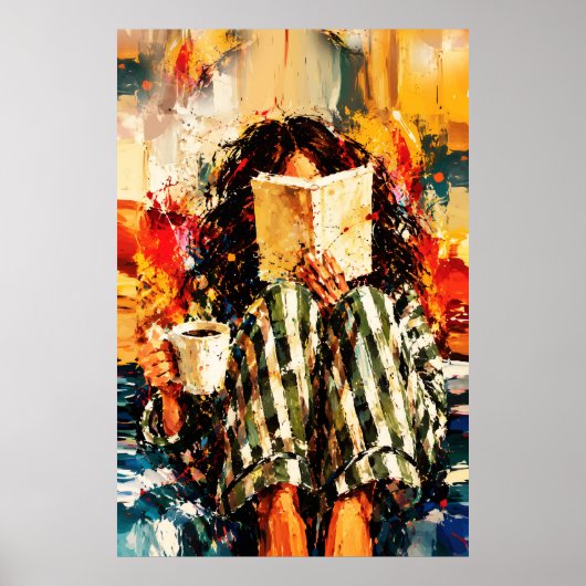 本を読む少女の温かみのある絵画アート ポスター (正面)