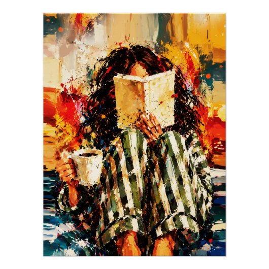 本を読む少女の温かみのある絵画アート ポスター (正面)