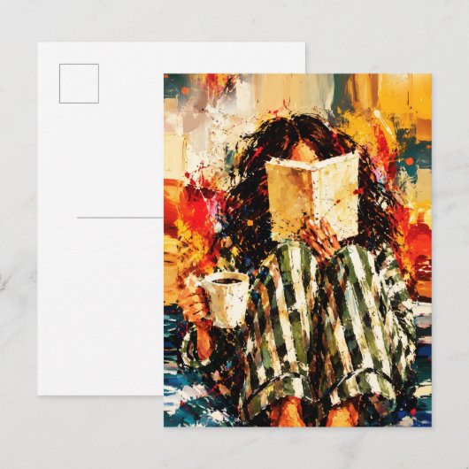本を読む少女の温かみのある絵画アート ポストカード (正面/裏面)
