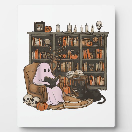 本を読む幽霊 猫好き ハロウィン フォトプラーク (正面)