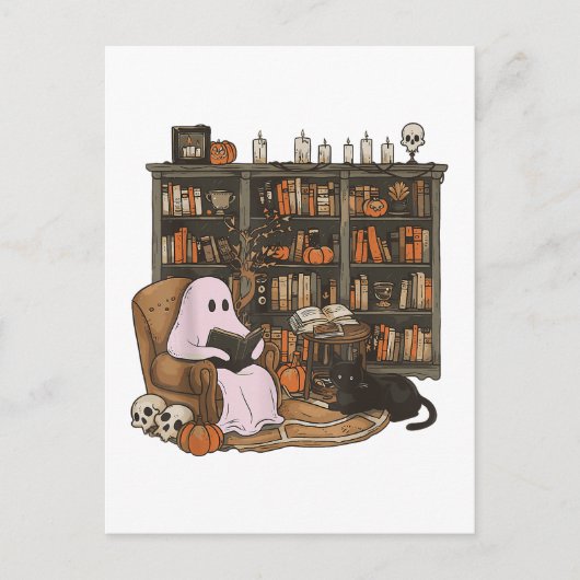 本を読む幽霊 猫好き ハロウィン ポストカード (正面)