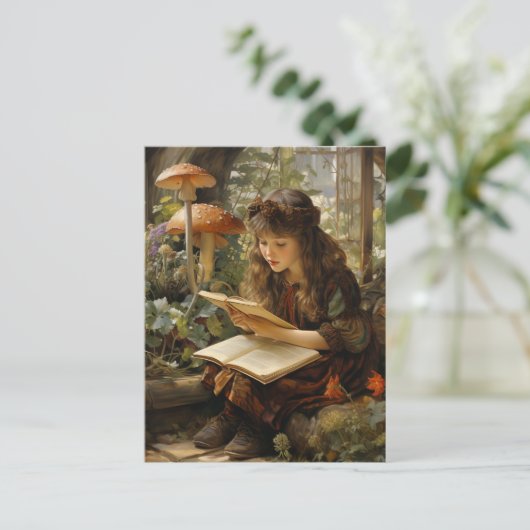 本を読む森の妖精とキノコ ポストカード (スタンド正面)