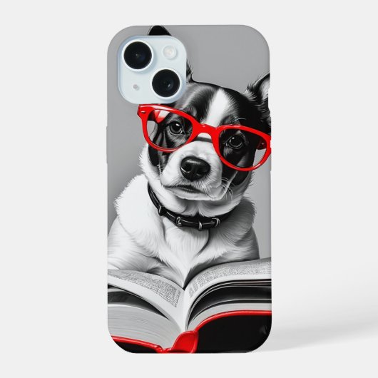 本を読む犬 iPhone 15ケース (裏面)