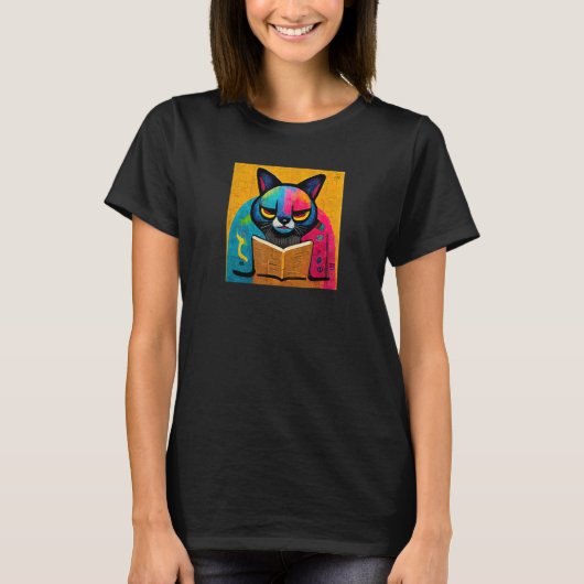 本を読む猫のデザイン Tシャツ (正面)