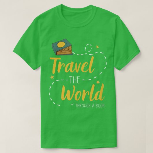 本を通して世界を旅する男性、女性、子供 Tシャツ (デザイン正面)