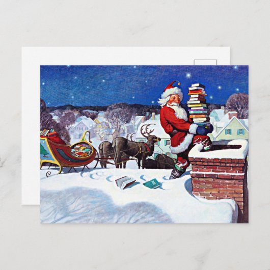 本を配達するために煙突を降りるサンタ シーズンポストカード (正面/裏面)