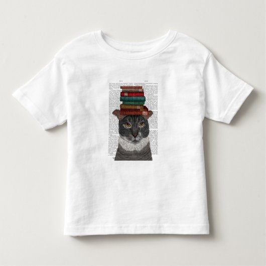 本を頭に載せたグレー猫 トドラーTシャツ (正面)