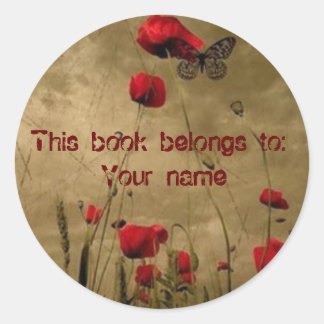 本プレートシール，花と蝶 ラウンドシール