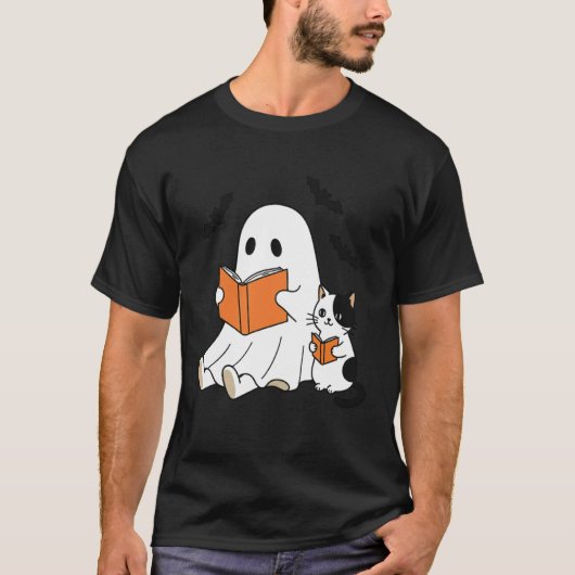 本好きな幽霊が猫と読書 本の好きな人 ハロウィン Tシャツ (正面)