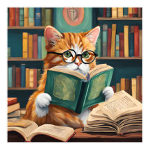 本好きな猫の壁画プリント – かわいい読書猫