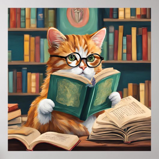 本好きな猫の壁画プリント – かわいい読書猫  ポスター (正面)