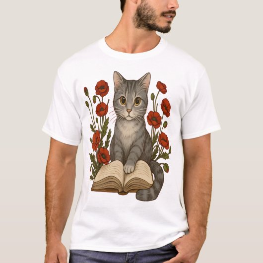 本好きな猫 � ポピーと一緒に本を読むかわいい猫 Tシャツ (正面)