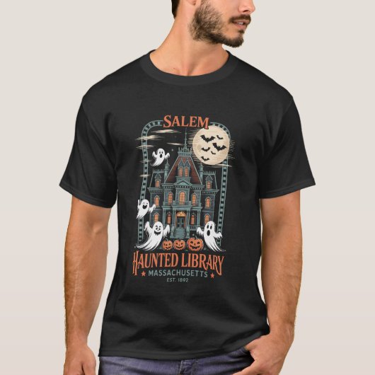 本好きのためのハロウィンTシャツ 呪われた図書館 Tシャツ (正面)