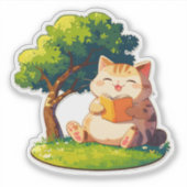 本好きの太った猫が木の下で本を読んでいるステッカー シール (正面)