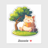 本好きの太った猫が木の下で本を読んでいるステッカー シール (シート)