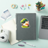 本好きの太った猫が木の下で本を読んでいるステッカー シール (iPadカバー)