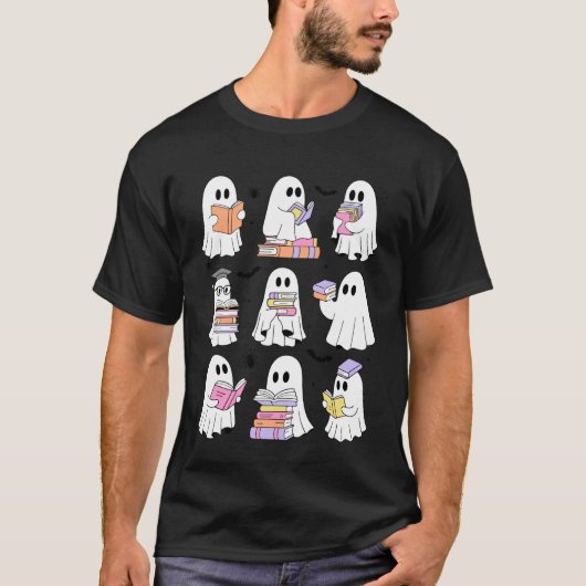 本好きの幽霊 本の愛好家 レトロなホラーシーズンのハロウィン Tシャツ (正面)
