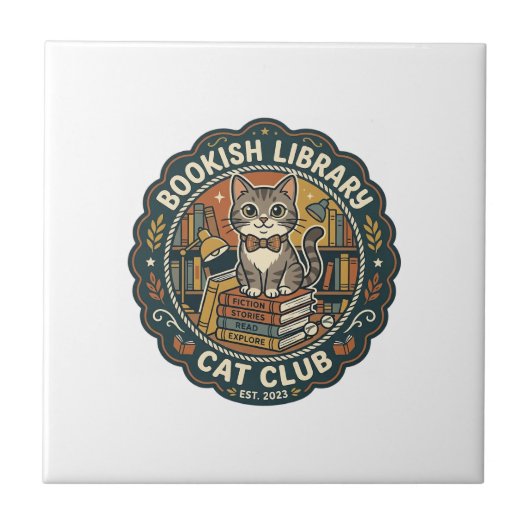本好きの猫のライブラリーPODベクターアート - 本の虫の書斎 タイル (正面)