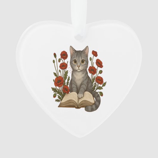 本好きの猫 � ポピーのあるキュートな読書猫のデザイン オーナメント (正面)