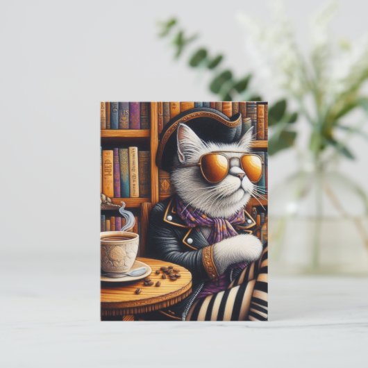 本屋でコーヒーを飲む海賊猫 ポストカード (スタンド正面)