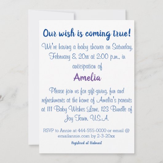 本当に来かわいいジェニー少女の人形ベビーシャワーを願う 招待状 (裏面)