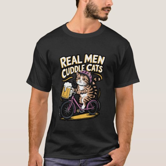 本当の男は猫を抱きしめる 面白い猫好きデザイン Tシャツ (正面)