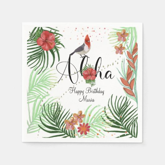 本格的なハワイアンレッド（鳥）ショウジョウコウカンチョウ&トロピカルフローラ スタンダードカクテルナプキン (正面)