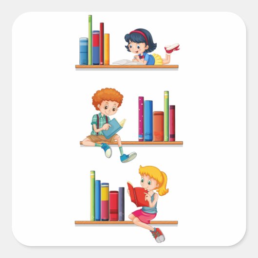 本棚で本を読む子供たち スクエアシール (正面)
