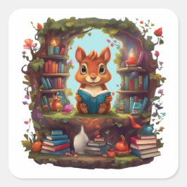 本棚で読書するリスのステッカー（ヴィンテージ風） スクエアシール