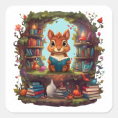 本棚の上で本を読むシマリス スクエアシール (正面)