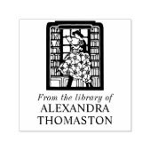 本棚の中で本を読む女性 図書館 本の名前 セルフインキングスタンプ (デザイン)