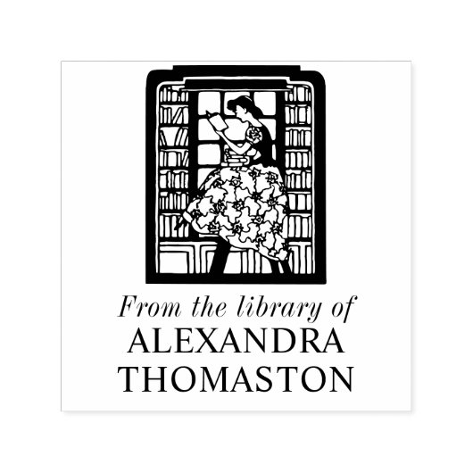 本棚の中で本を読む女性　図書館　本の名前 セルフインキングスタンプ (デザイン)
