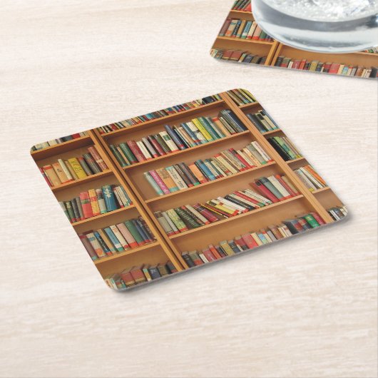 本棚の背景 スクエアペーパーコースター (アングル)