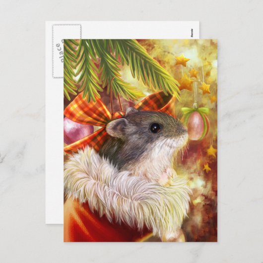 本物のクリスマスの靴下にハムスター絵画の シーズンポストカード (正面/裏面)