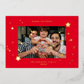 本物のゴールドスター チェリーレッド フォト ハッピー クリスマス 箔シーズンカード (正面)