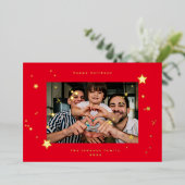 本物のゴールドスター チェリーレッド フォト ハッピー クリスマス 箔シーズンカード (立ち正面)