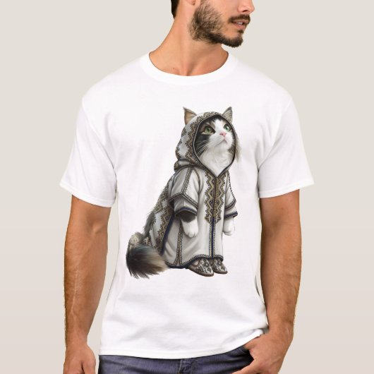 本物の刺繍セルハムを着た猫を見つめて Tシャツ (正面)
