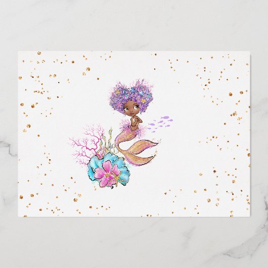 本物の小さなアフロアメリカンマーメイドの誕生日 箔招待状 (裏面)