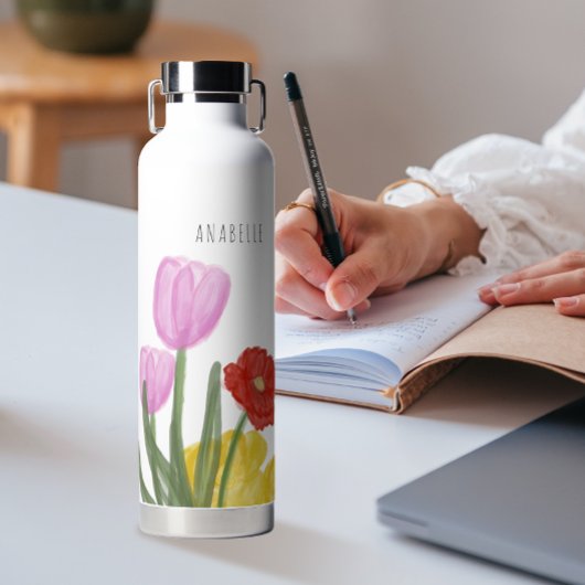 本物の手描き水彩色の花 ウォーターボトル