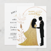 本物の金箔を使ったエレガントなリーフの花輪　モノグラム 招待状 (正面/裏面)