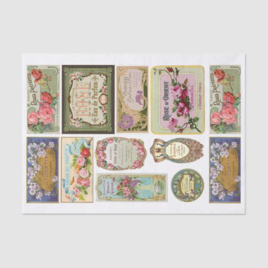 本物（AIではない）のヴィンテージビクトリアン香水ラベル 薄葉紙 (正面)