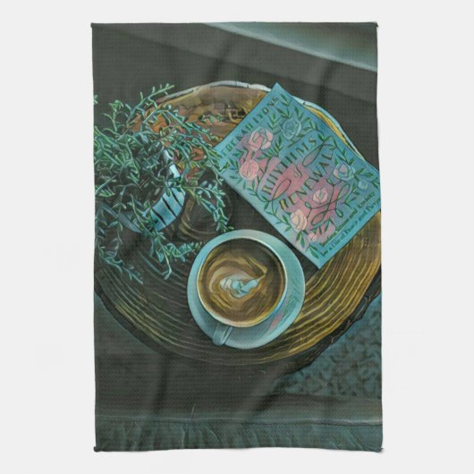 本読、コーヒーを飲む キッチンタオル (縦)