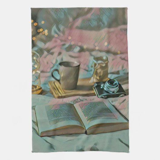 本読、コーヒーを飲む キッチンタオル (縦)