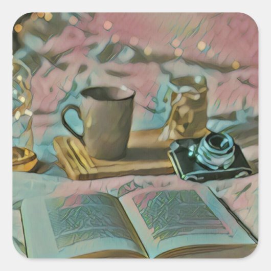 本読、コーヒーを飲む スクエアシール (正面)