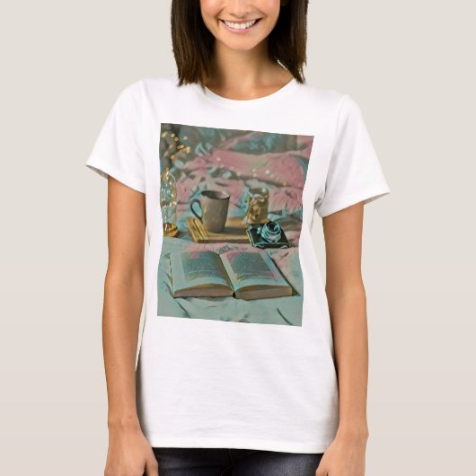 本読、コーヒーを飲む Tシャツ (正面)