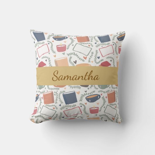 本、ろうそく、紅茶 クッション (正面)