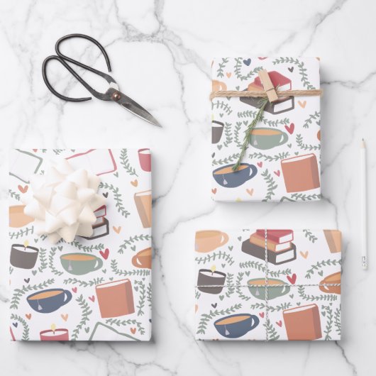 本、ろうそく、紅茶 ラッピングペーパーシート (正面)