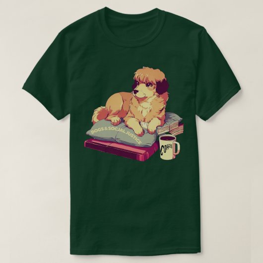 本、コーヒー、犬、社会正義のTsの Tシャツ (デザイン正面)
