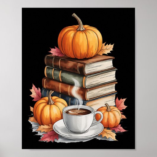 本 コーヒー 紅葉 かぼちゃ レトロな図書館 ポスター (正面)